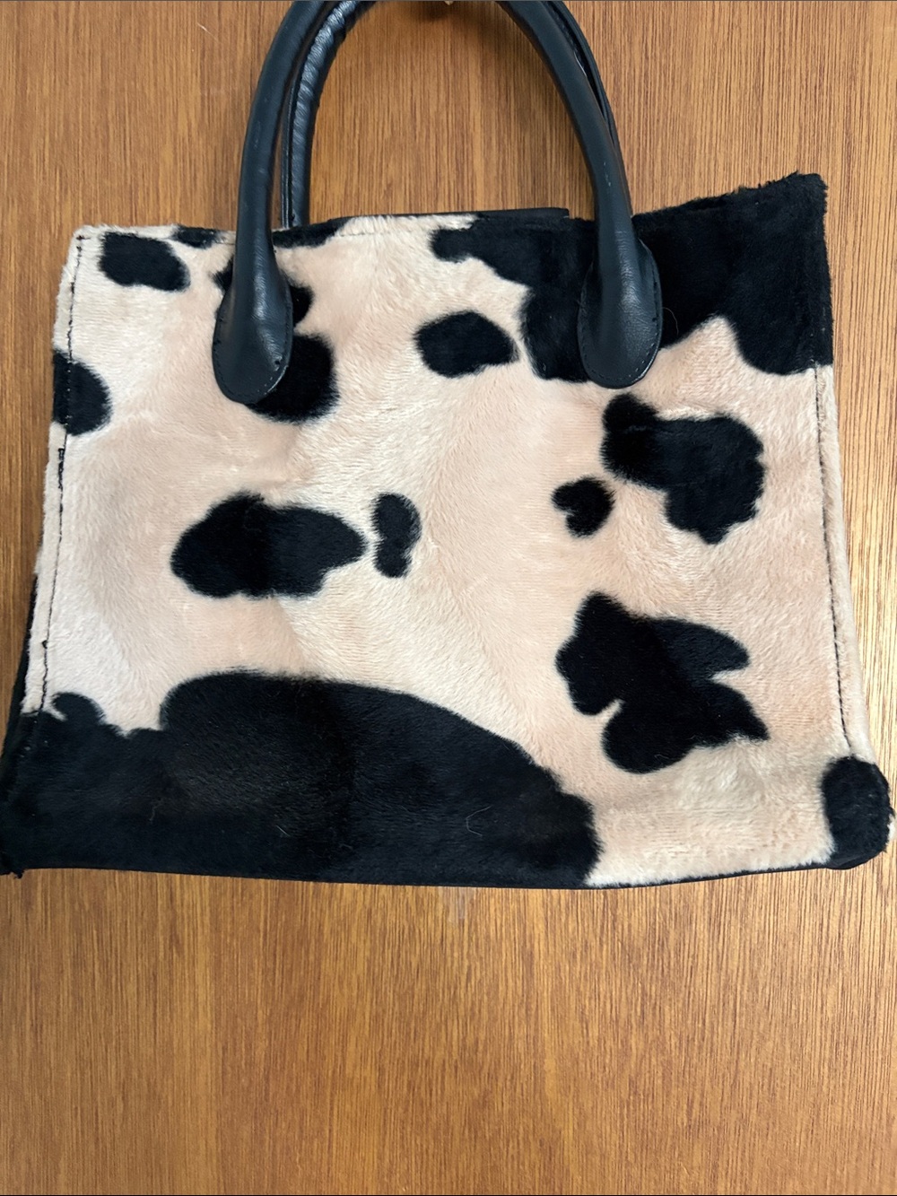 Faux Fur Cow Print Purse in Black and Cream/Beige